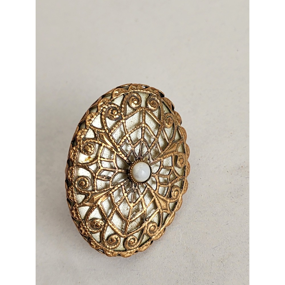 Jan Michaels San Francisco Brass Filigree Faux Pearl Statement Ring Adjustable